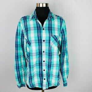 Zumba Shirt Womens Green Blue Plaid Button Down Shirt Dancing Athletic S